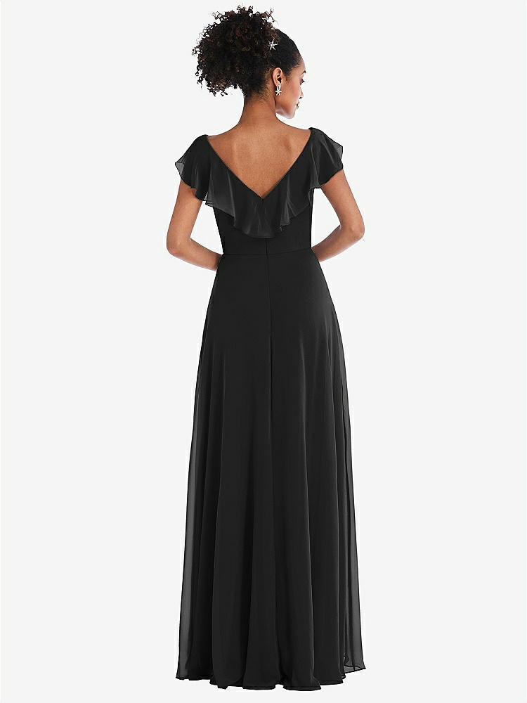 【STYLE: TH064】Ruffle-Trimmed V-Back Chiffon Maxi Dress【COLOR: Black】