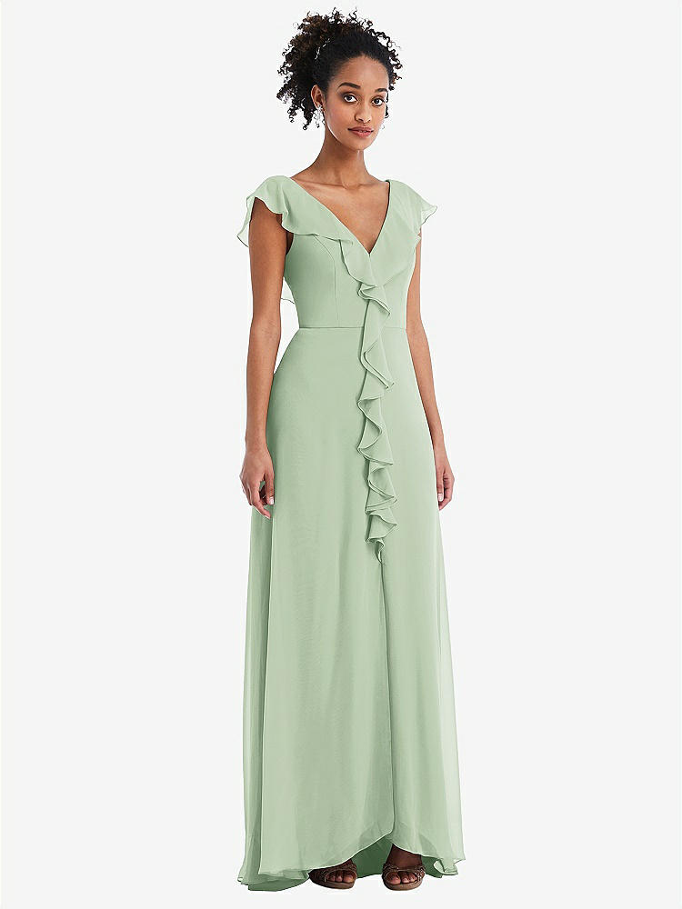 【STYLE: TH064】Ruffle-Trimmed V-Back Chiffon Maxi Dress【COLOR: Celadon】