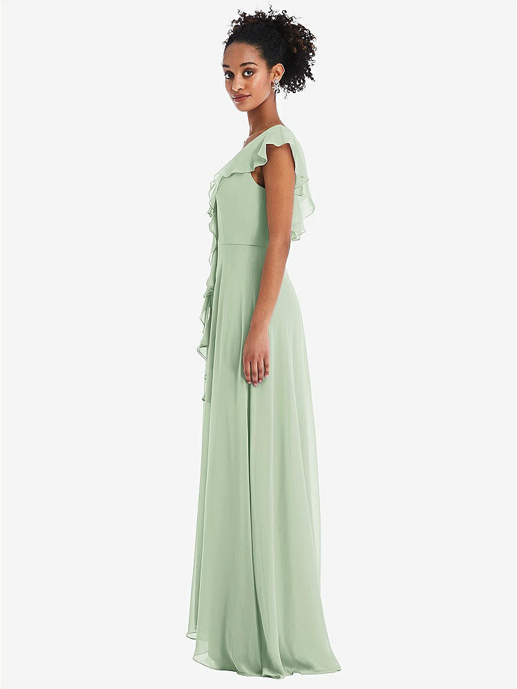 【STYLE: TH064】Ruffle-Trimmed V-Back Chiffon Maxi Dress【COLOR: Celadon】