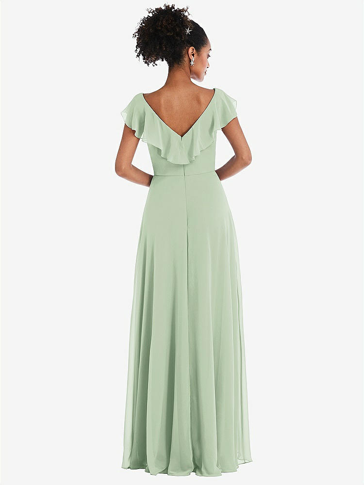 【STYLE: TH064】Ruffle-Trimmed V-Back Chiffon Maxi Dress【COLOR: Celadon】