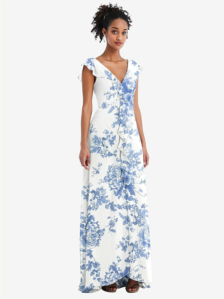 【NEW】【STYLE: TH064】Ruffle-Trimmed V-Back Chiffon Maxi ドレス【COLOR: Cottage Rose Dusk Blue】【SIZE: 00-30W】