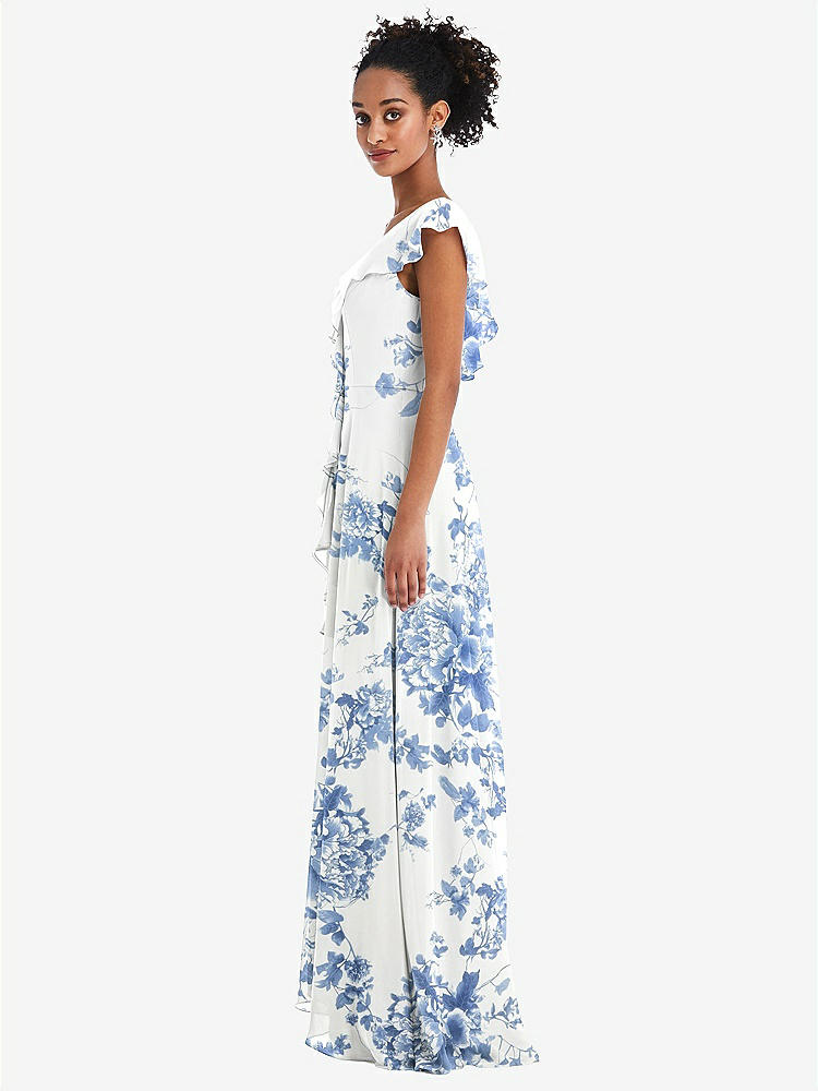 【NEW】【STYLE: TH064】Ruffle-Trimmed V-Back Chiffon Maxi ドレス【COLOR: Cottage Rose Dusk Blue】【SIZE: 00-30W】