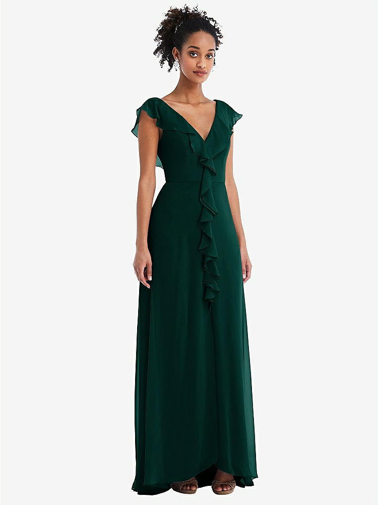 【STYLE: TH064】Ruffle-Trimmed V-Back Chiffon Maxi Dress【COLOR: Evergreen】