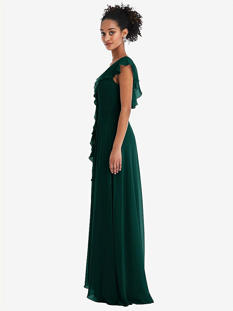 【STYLE: TH064】Ruffle-Trimmed V-Back Chiffon Maxi Dress【COLOR: Evergreen】