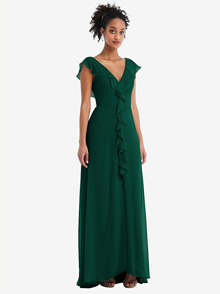 【STYLE: TH064】Ruffle-Trimmed V-Back Chiffon Maxi Dress【COLOR: Hunter Green】