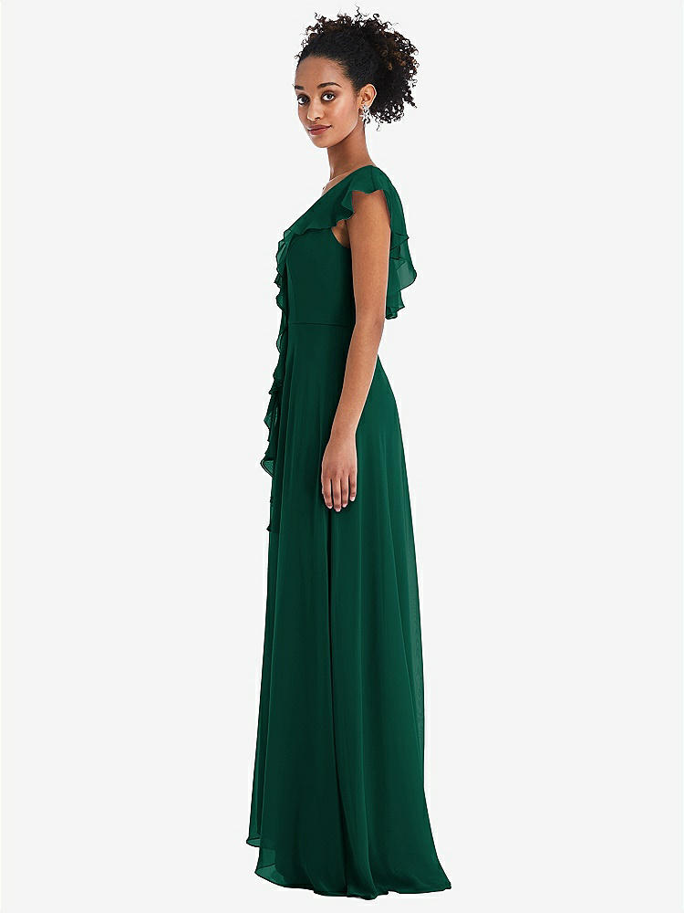 【STYLE: TH064】Ruffle-Trimmed V-Back Chiffon Maxi Dress【COLOR: Hunter Green】