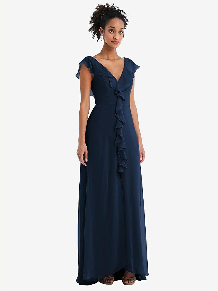 【STYLE: TH064】Ruffle-Trimmed V-Back Chiffon Maxi Dress【COLOR: Midnight Navy】