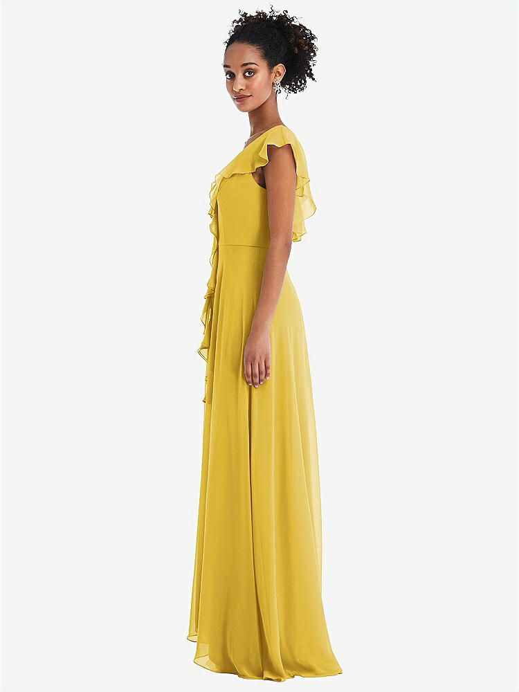 【STYLE: TH064】Ruffle-Trimmed V-Back Chiffon Maxi Dress【COLOR: Marigold】