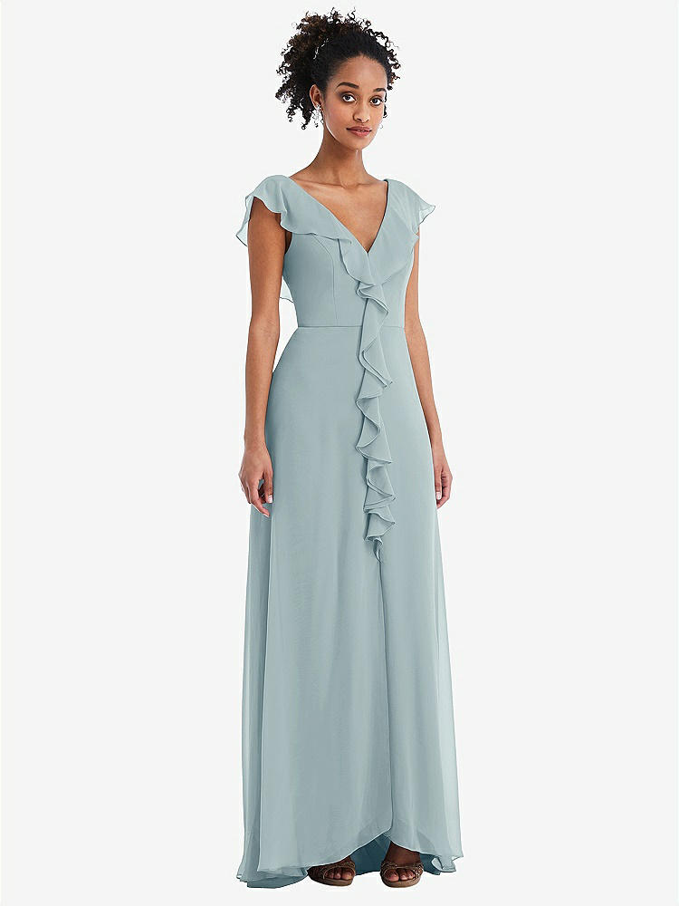 【STYLE: TH064】Ruffle-Trimmed V-Back Chiffon Maxi Dress【COLOR: Morning Sky】