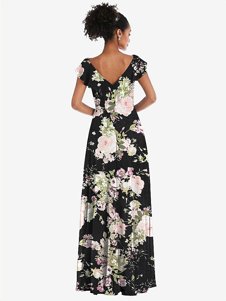 【STYLE: TH064】Ruffle-Trimmed V-Back Chiffon Maxi Dress【COLOR: Noir Garden】