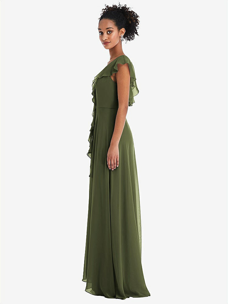 【STYLE: TH064】Ruffle-Trimmed V-Back Chiffon Maxi Dress【COLOR: Olive Green】