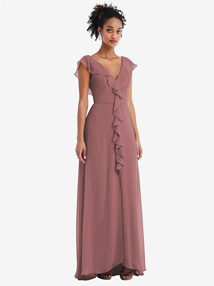 【STYLE: TH064】Ruffle-Trimmed V-Back Chiffon Maxi Dress【COLOR: Rosewood】