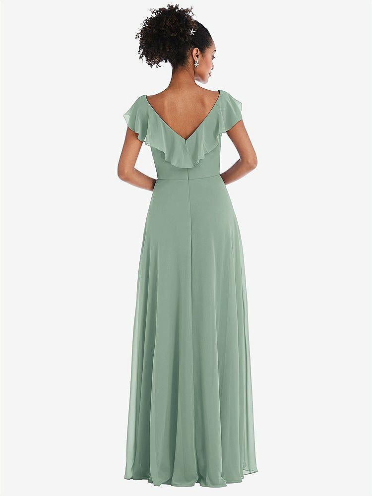 【STYLE: TH064】Ruffle-Trimmed V-Back Chiffon Maxi Dress【COLOR: Seagrass】