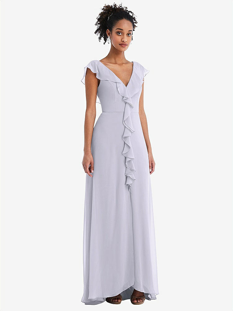 【STYLE: TH064】Ruffle-Trimmed V-Back Chiffon Maxi Dress【COLOR: Silver Dove】