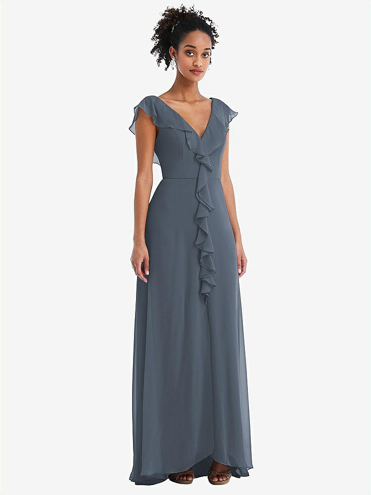 【STYLE: TH064】Ruffle-Trimmed V-Back Chiffon Maxi Dress【COLOR: Silverstone】