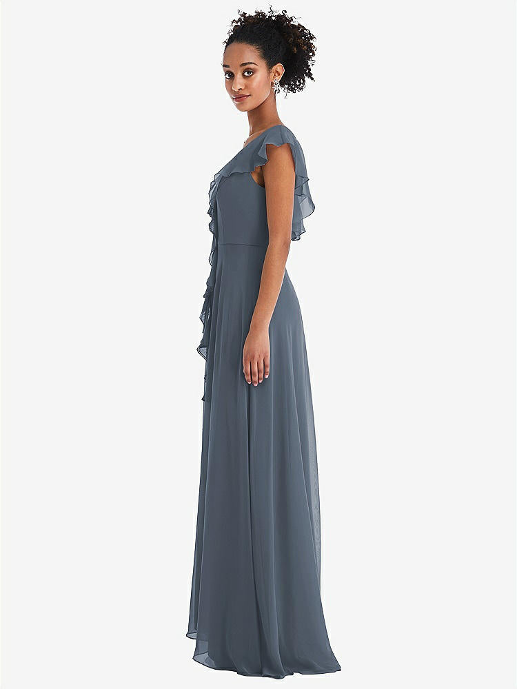 【STYLE: TH064】Ruffle-Trimmed V-Back Chiffon Maxi Dress【COLOR: Silverstone】
