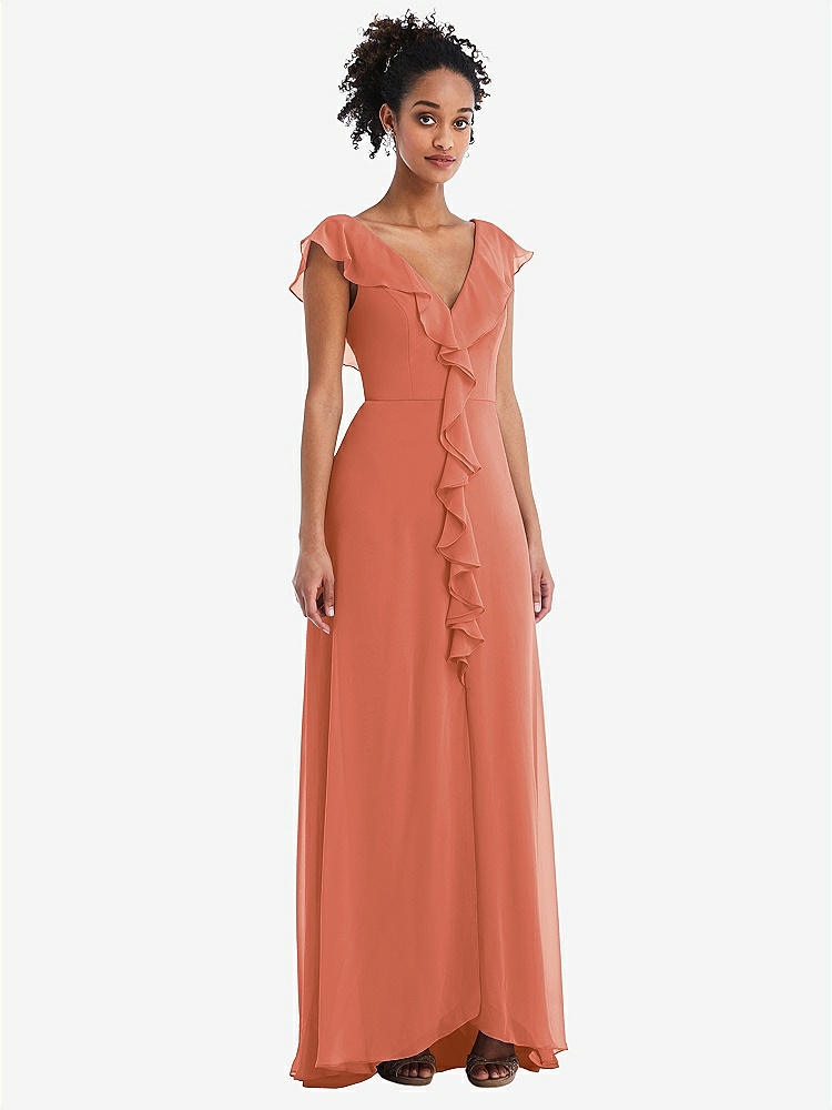 【STYLE: TH064】Ruffle-Trimmed V-Back Chiffon Maxi Dress【COLOR: Terracotta Copper】
