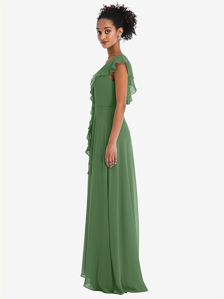 【STYLE: TH064】Ruffle-Trimmed V-Back Chiffon Maxi Dress【COLOR: Vineyard Green】