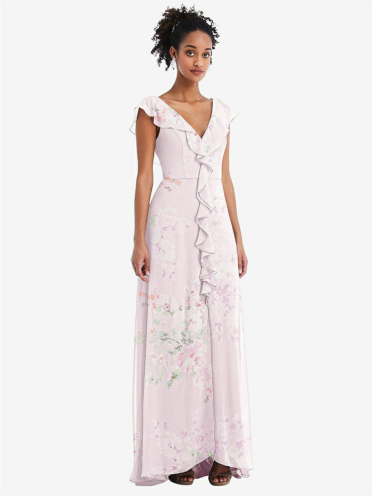【STYLE: TH064】Ruffle-Trimmed V-Back Chiffon Maxi Dress【COLOR: Watercolor Print】