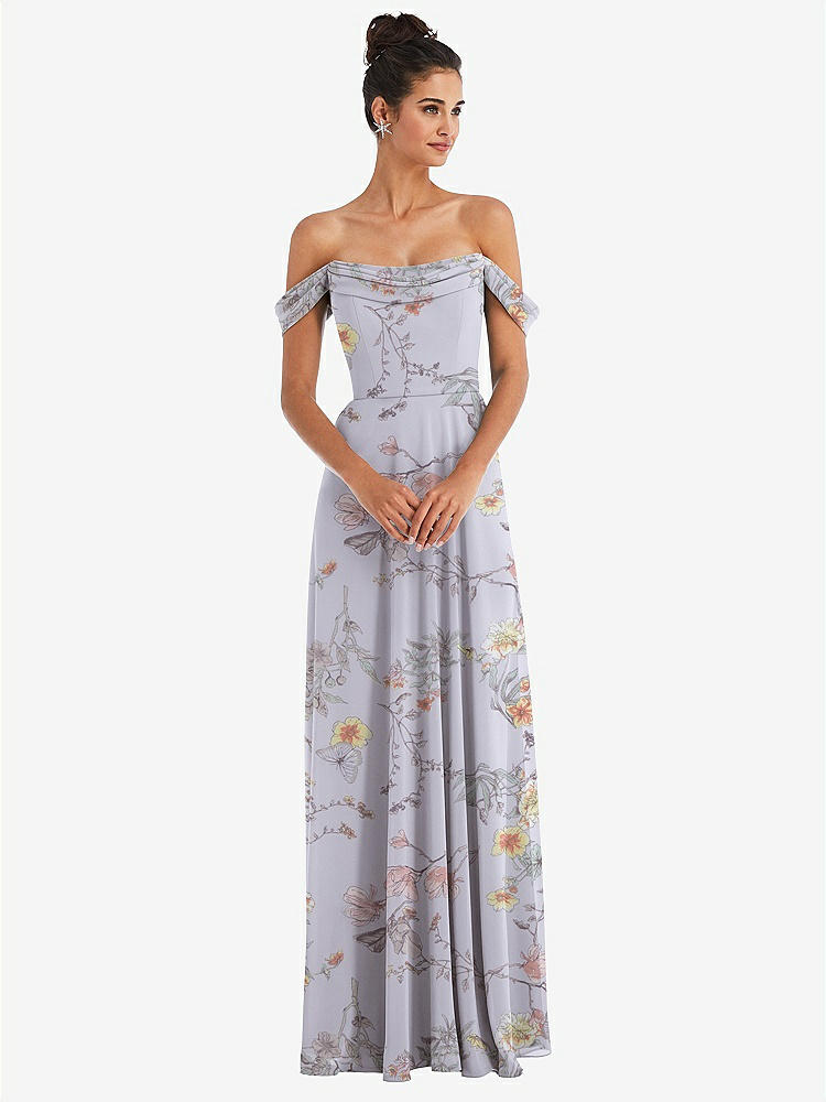 【STYLE: TH065】Off-the-Shoulder Draped Neckline Maxi Dress【COLOR: Butterfly Botanica Silver Dove】