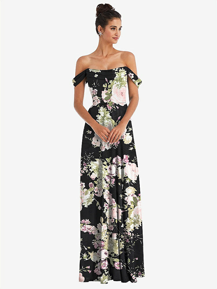 【NEW】【STYLE: TH065】オフショルダー ドレープ ネックライン マキシ ドレス【COLOR: Noir Garden】【SIZE: 00-30W】