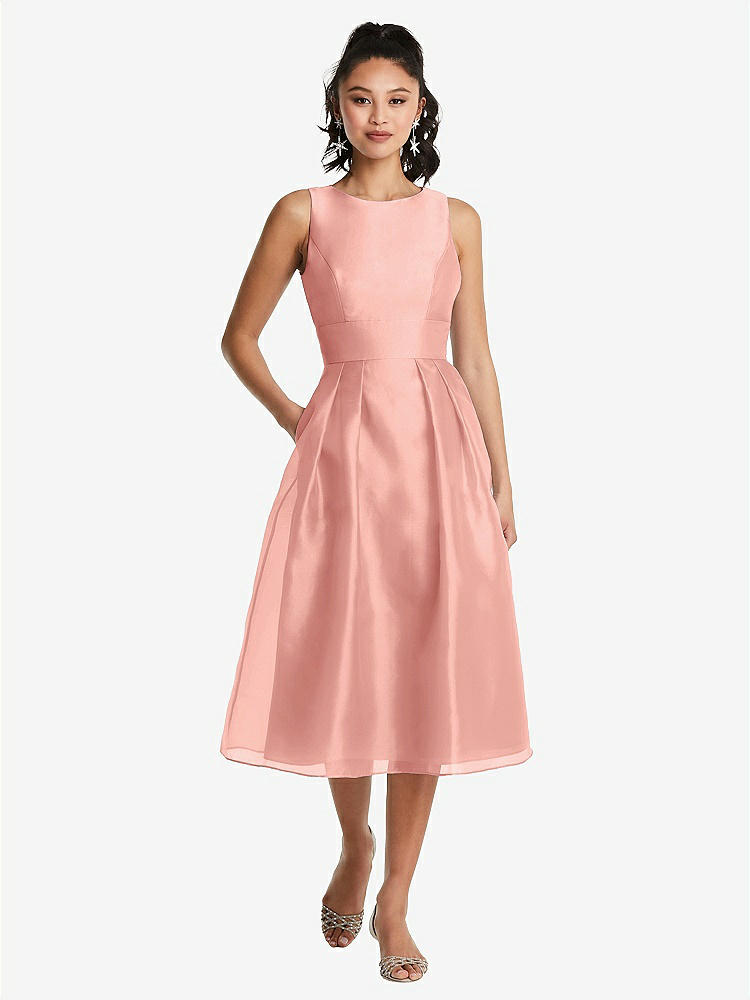 【STYLE: TH066】Bateau Neck Open-Back Pleated Skirt Midi Dress【COLOR: Apricot】