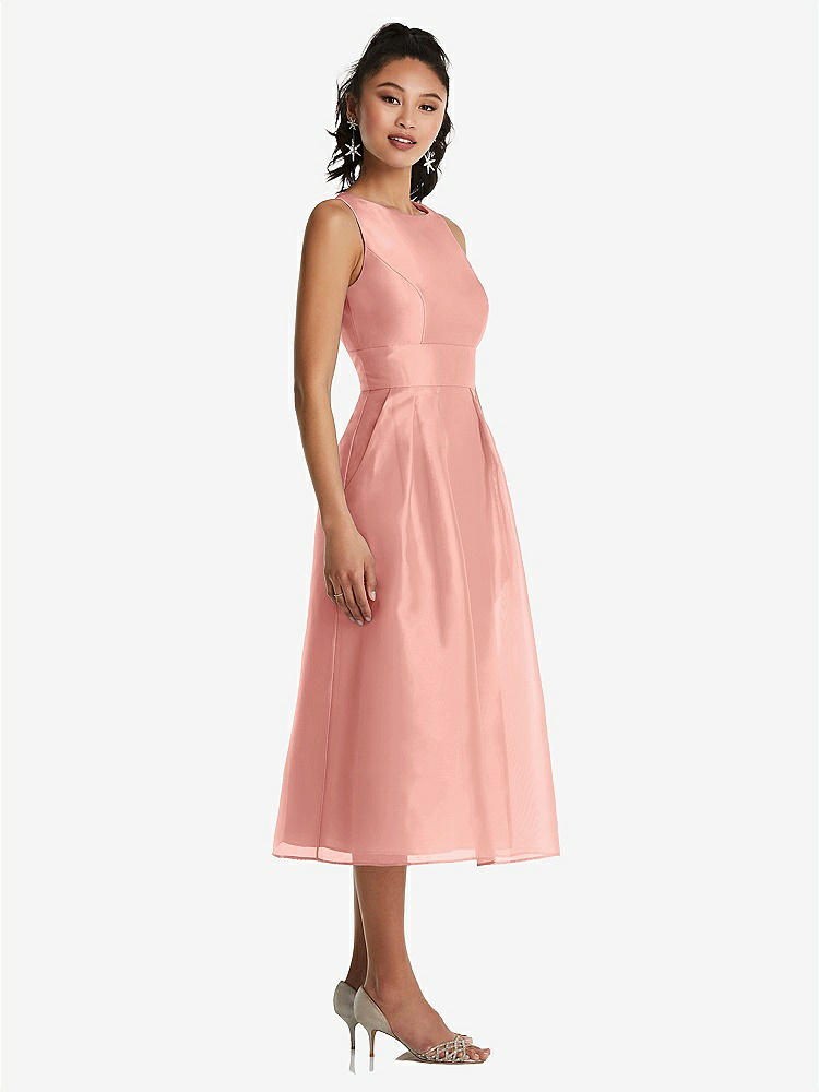 【STYLE: TH066】Bateau Neck Open-Back Pleated Skirt Midi Dress【COLOR: Apricot】