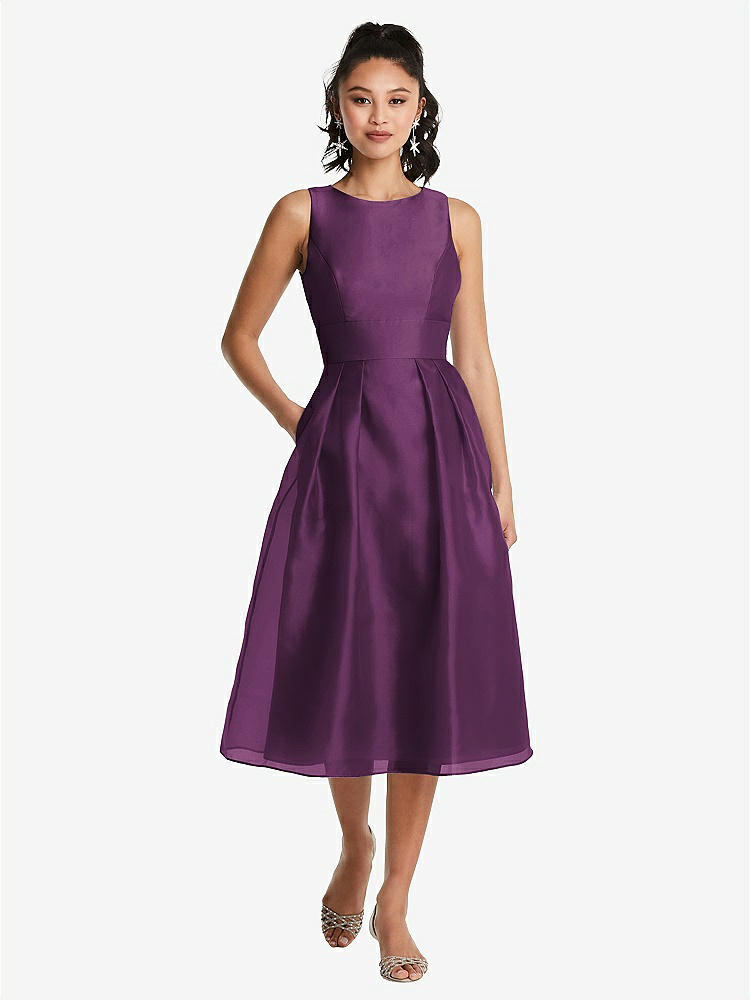 【STYLE: TH066】Bateau Neck Open-Back Pleated Skirt Midi Dress【COLOR: Aubergine】