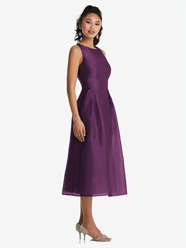 【STYLE: TH066】Bateau Neck Open-Back Pleated Skirt Midi Dress【COLOR: Aubergine】
