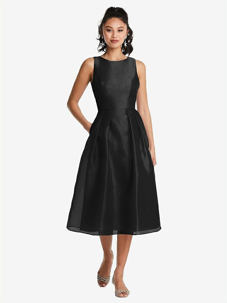 【STYLE: TH066】Bateau Neck Open-Back Pleated Skirt Midi Dress【COLOR: Black】