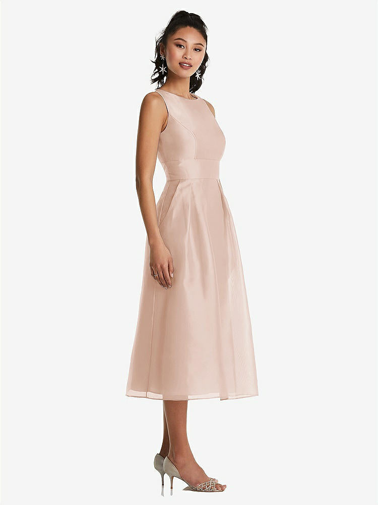 【STYLE: TH066】Bateau Neck Open-Back Pleated Skirt Midi Dress【COLOR: Cameo】