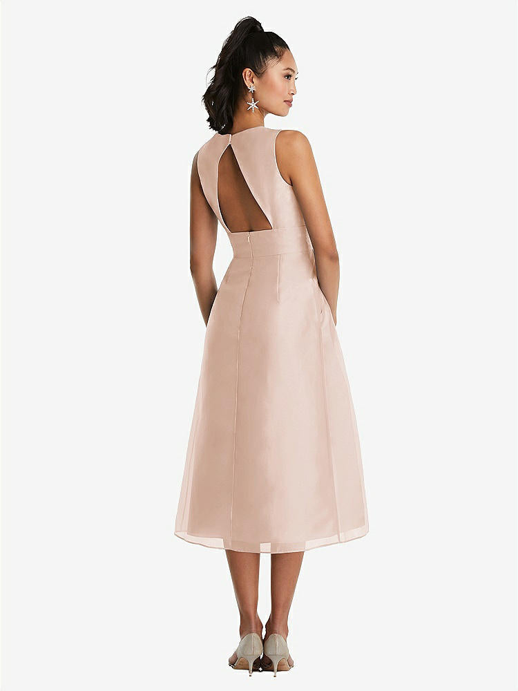 【STYLE: TH066】Bateau Neck Open-Back Pleated Skirt Midi Dress【COLOR: Cameo】