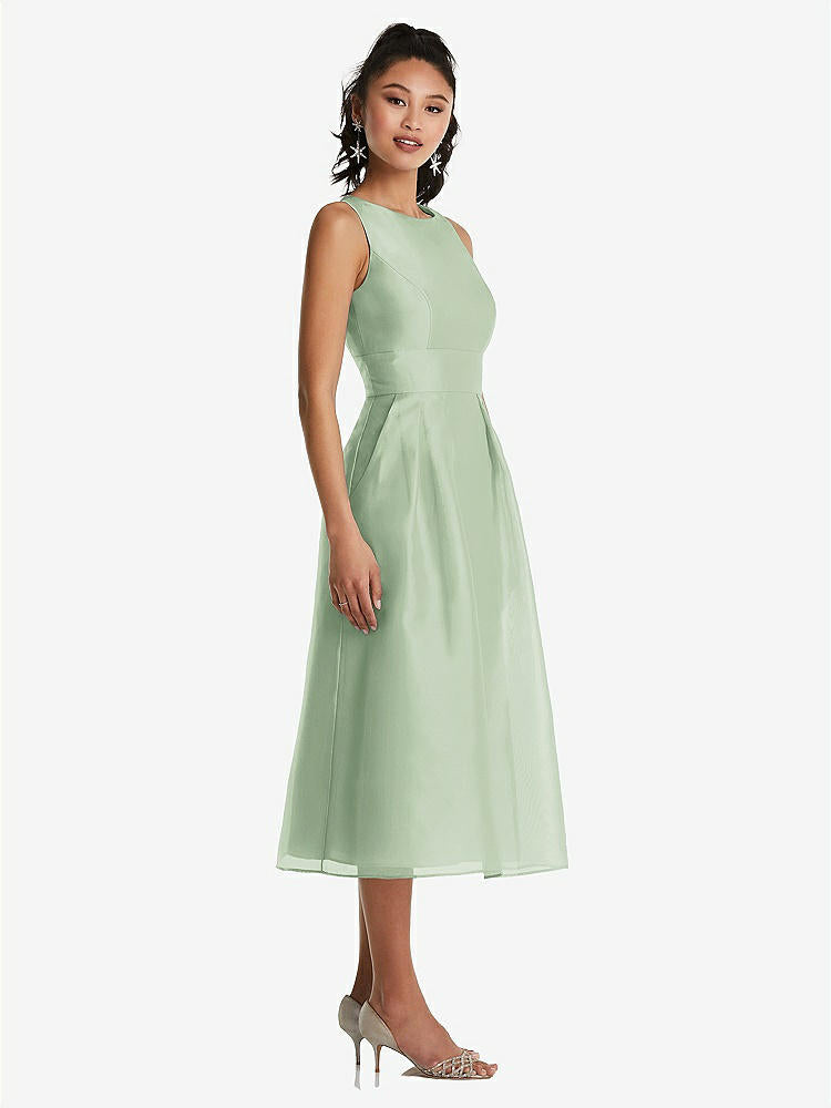 【STYLE: TH066】Bateau Neck Open-Back Pleated Skirt Midi Dress【COLOR: Celadon】