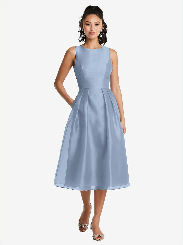 【STYLE: TH066】Bateau Neck Open-Back Pleated Skirt Midi Dress【COLOR: Cloudy】