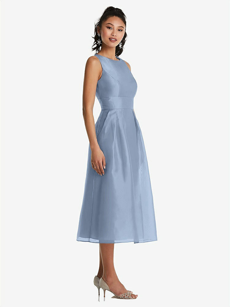 【STYLE: TH066】Bateau Neck Open-Back Pleated Skirt Midi Dress【COLOR: Cloudy】