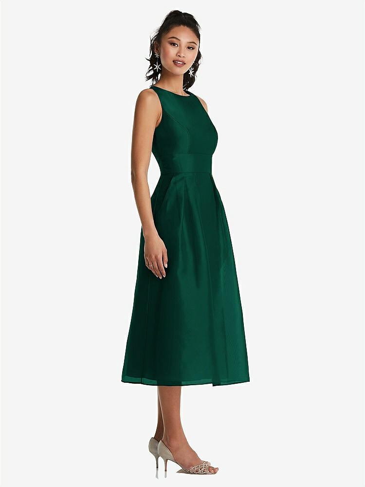 【STYLE: TH066】Bateau Neck Open-Back Pleated Skirt Midi Dress【COLOR: Hunter Green】