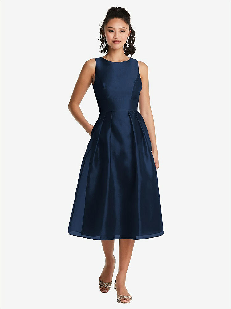 【STYLE: TH066】Bateau Neck Open-Back Pleated Skirt Midi Dress【COLOR: Midnight Navy】
