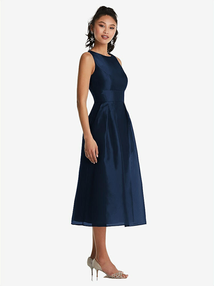 【STYLE: TH066】Bateau Neck Open-Back Pleated Skirt Midi Dress【COLOR: Midnight Navy】