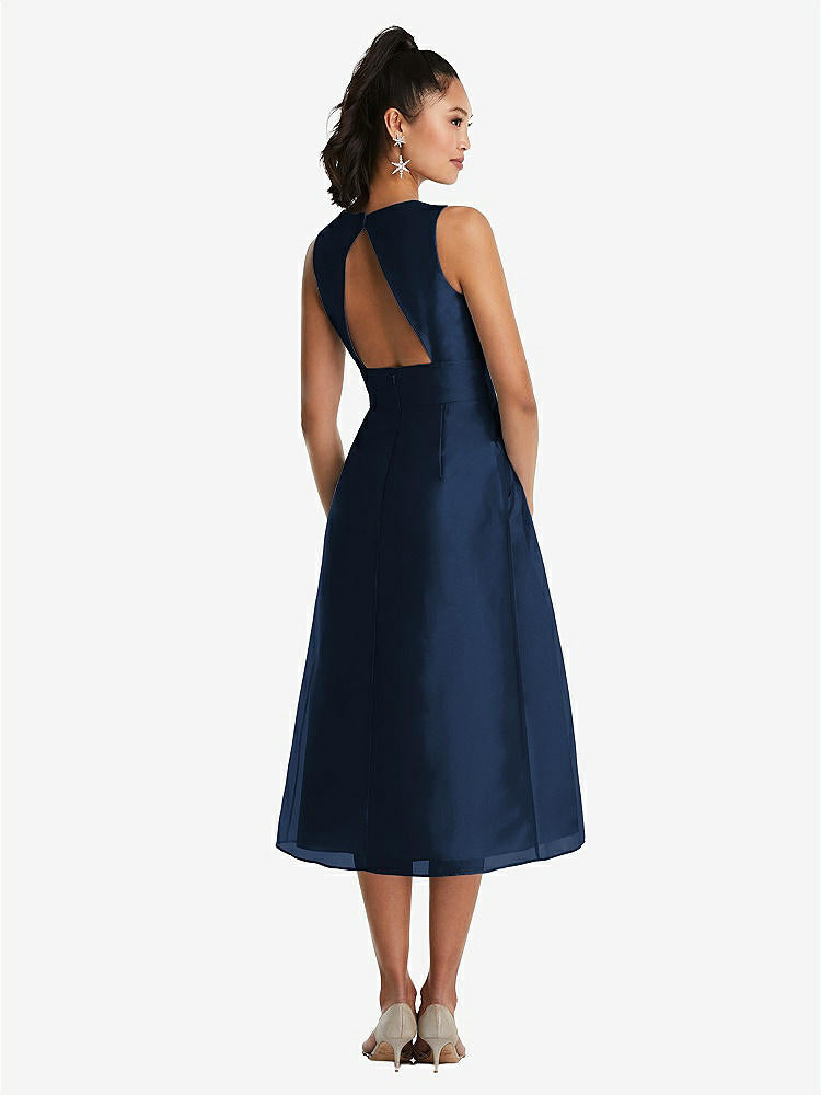【STYLE: TH066】Bateau Neck Open-Back Pleated Skirt Midi Dress【COLOR: Midnight Navy】