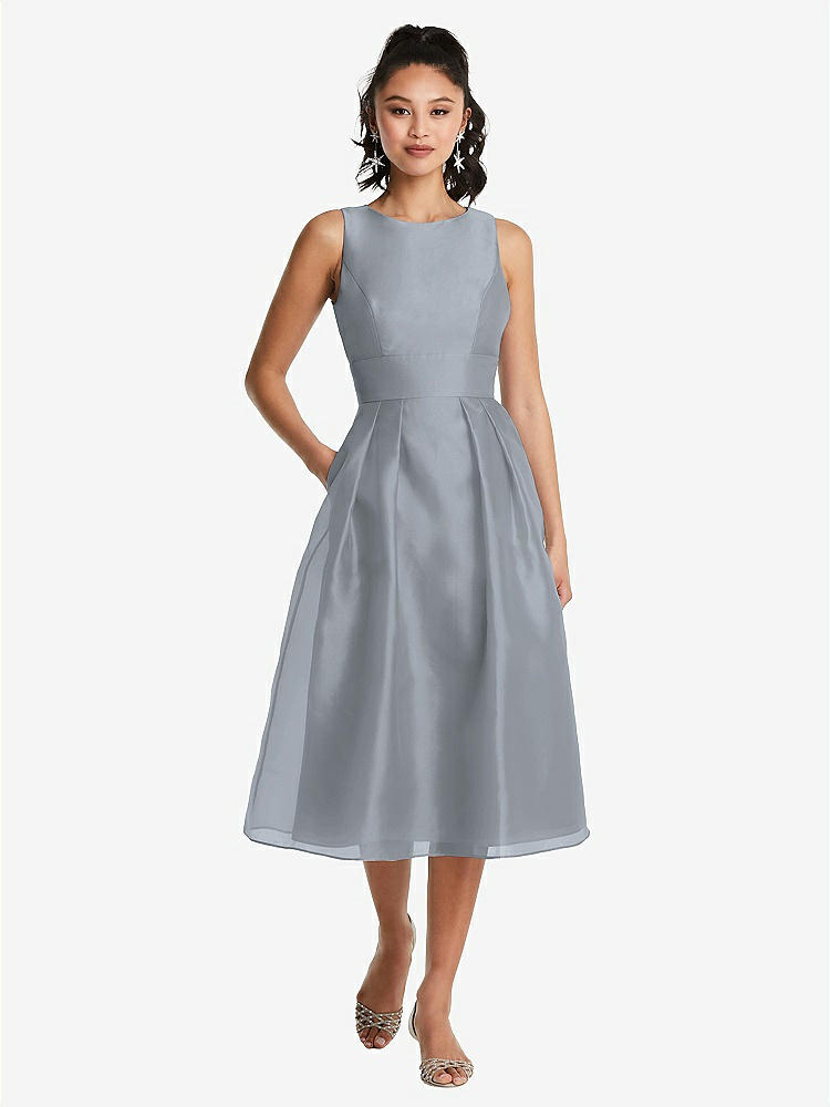 【STYLE: TH066】Bateau Neck Open-Back Pleated Skirt Midi Dress【COLOR: Platinum】
