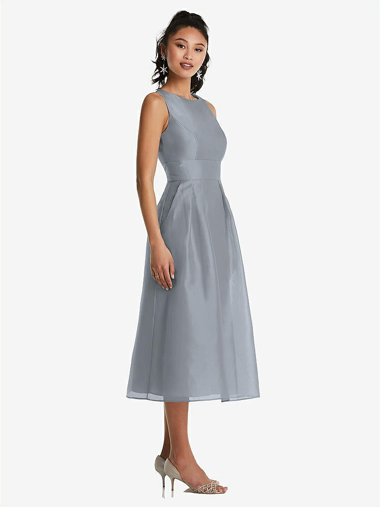 【STYLE: TH066】Bateau Neck Open-Back Pleated Skirt Midi Dress【COLOR: Platinum】