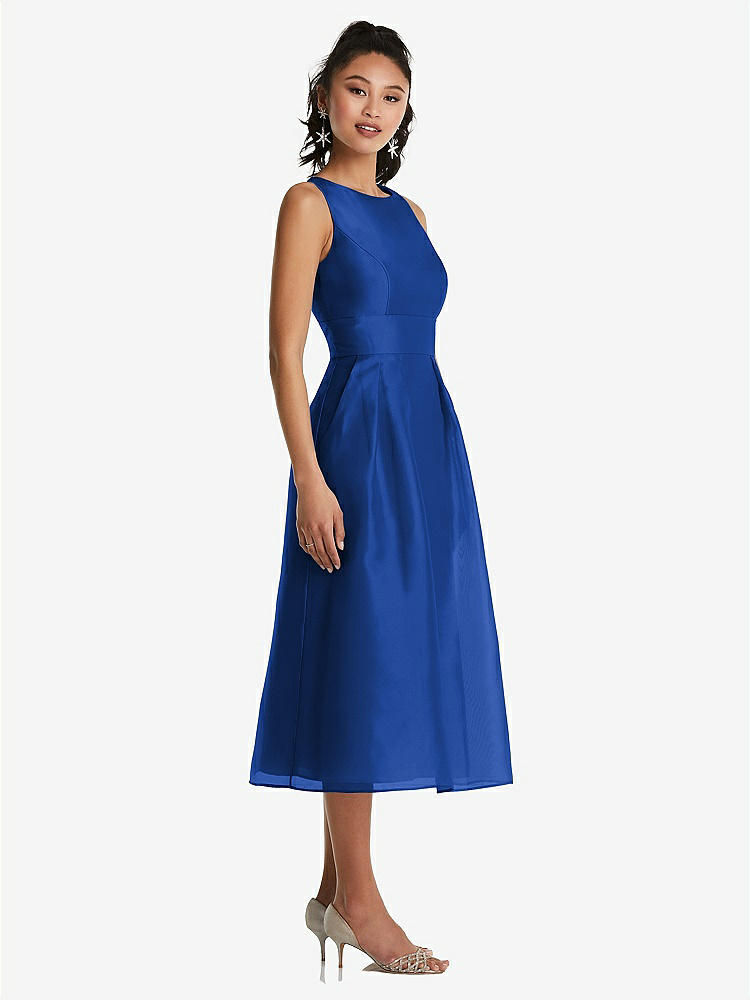 【STYLE: TH066】Bateau Neck Open-Back Pleated Skirt Midi Dress【COLOR: Sapphire】