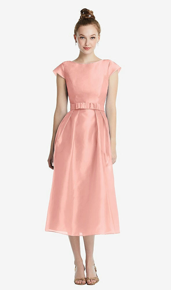 【STYLE: TH067】Cap Sleeve Pleated Skirt Midi Dress with Bowed Waist【COLOR: Apricot】