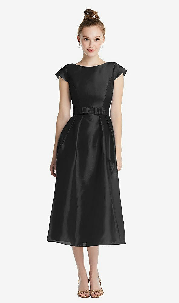 【STYLE: TH067】Cap Sleeve Pleated Skirt Midi Dress with Bowed Waist【COLOR: Black】