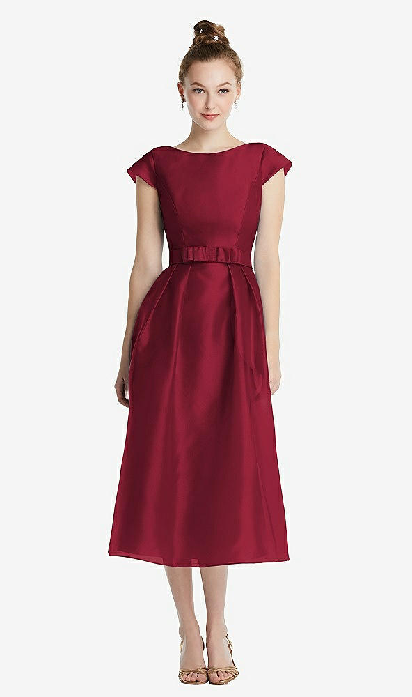 【STYLE: TH067】Cap Sleeve Pleated Skirt Midi Dress with Bowed Waist【COLOR: Burgundy】