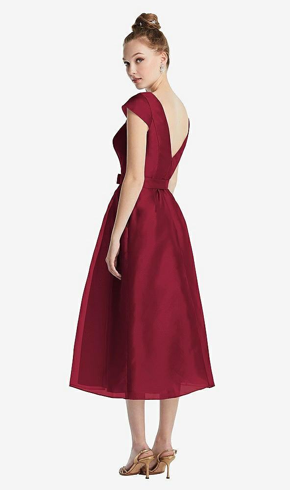 【STYLE: TH067】Cap Sleeve Pleated Skirt Midi Dress with Bowed Waist【COLOR: Burgundy】