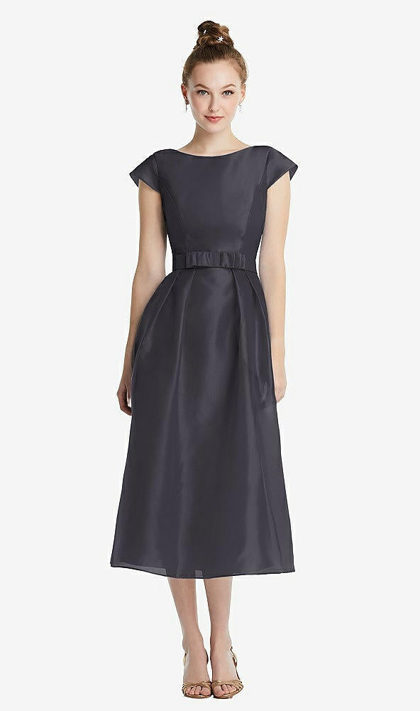 【STYLE: TH067】Cap Sleeve Pleated Skirt Midi Dress with Bowed Waist【COLOR: Onyx】