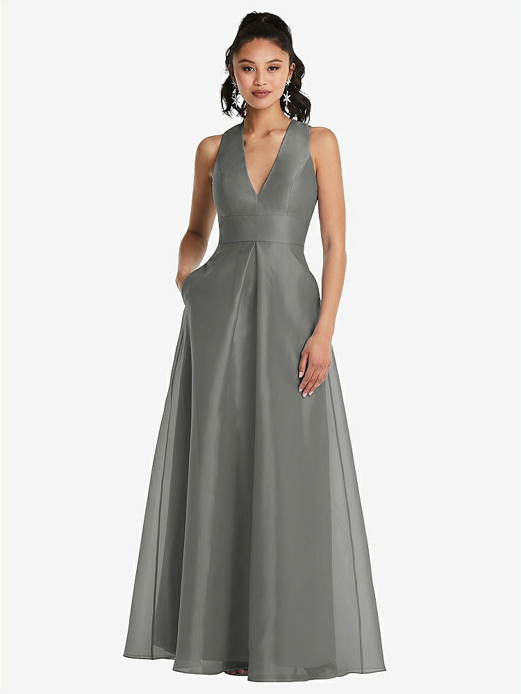 【STYLE: TH068】Plunging Neckline Pleated Skirt Maxi Dress with Pockets【COLOR: Charcoal Gray】