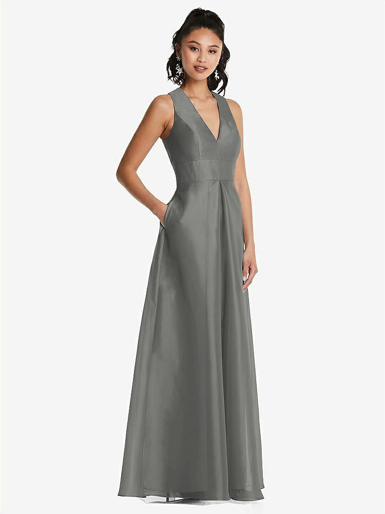 【STYLE: TH068】Plunging Neckline Pleated Skirt Maxi Dress with Pockets【COLOR: Charcoal Gray】