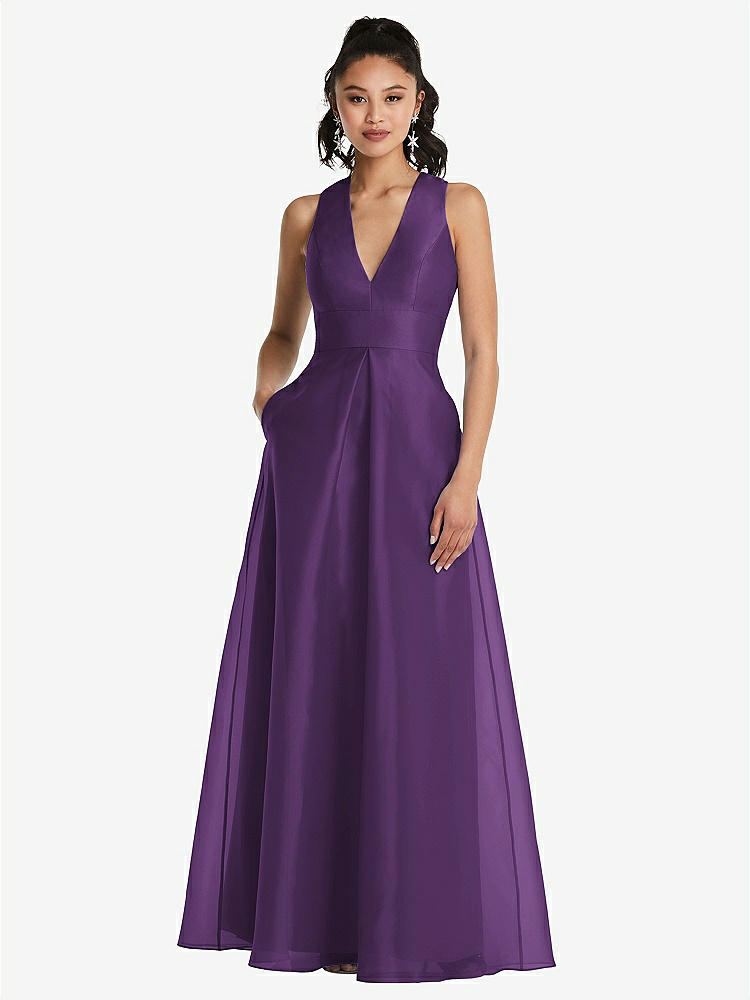【STYLE: TH068】Plunging Neckline Pleated Skirt Maxi Dress with Pockets【COLOR: Majestic】
